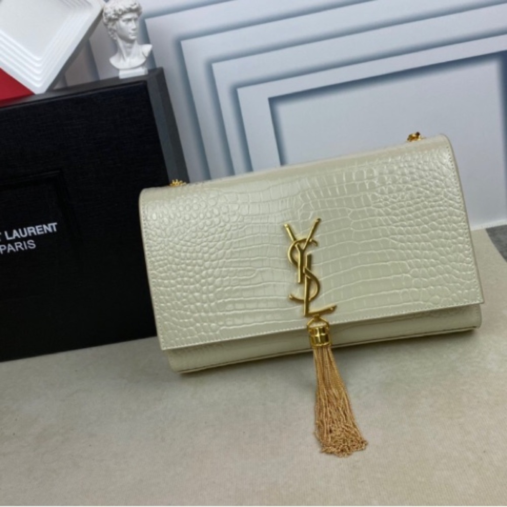 Yves Saint Laurent Cream Croc-Embossed Shoulder Bag with Gold Tassel